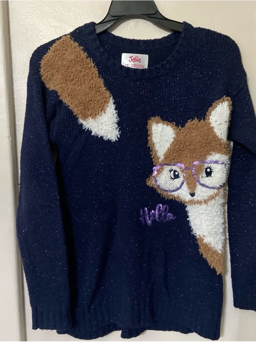 Justice Navy Sweater with Brown & White Fox and Purple Glasses